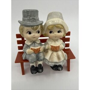 Vintage Japan Ceramic Thanksgiving Pilgrim Boy And Girl Shelf Sitter